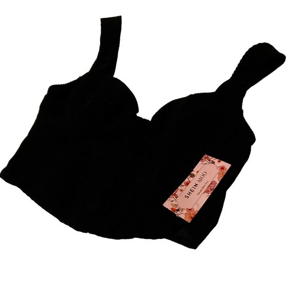 Shein Mod Top Women Small (4) Black Corduroy Rear Zip Wide Straps Biker Girl NWT - Picture 2 of 10